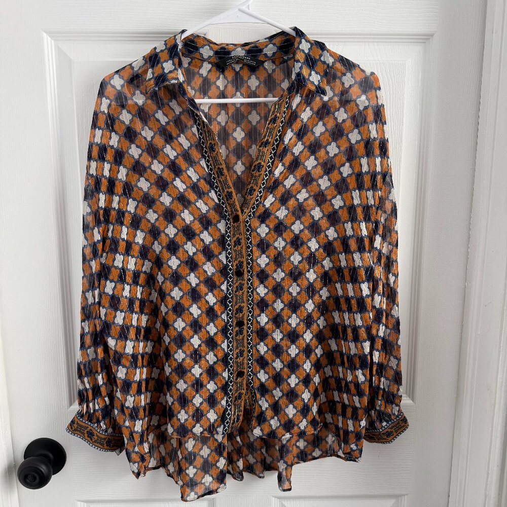 Zara Semi Sheer 3/4 Sleeve Blue Gold Button Down Blouse Gold Thread Sz M